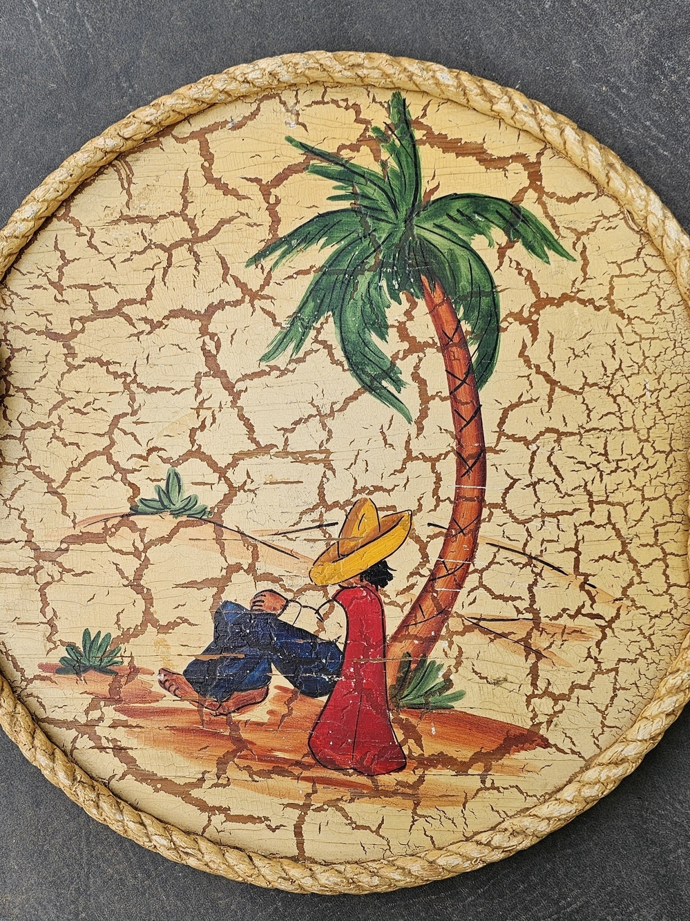 Vintage 11.5" Mexican Folk Art Crackle Wood Tray Rope Handles Rancho Monterey St